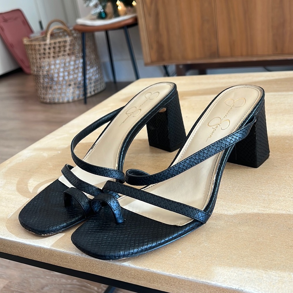 Black croc strappey mules